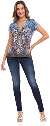 Cipo & Baxx Damen T-Shirt Print Strasssteine Baumwolle Rundhals