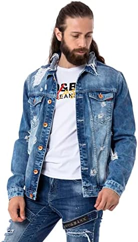 Cipo & Baxx Herren Jeansjacke – Klassisch, Leder, Sport – Knopf und Reißverschluss – Sweat-Kapuze und Sweatärmeln – Mode