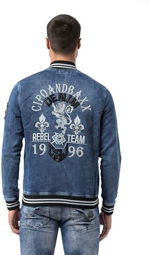 Cipo & Baxx Herren Jeansjacke – Klassisch, Leder, Sport – Knopf und Reißverschluss – Sweat-Kapuze und Sweatärmeln – Mode