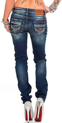 Cipo & Baxx Damen Jeans - Slim Fit & Used Look | Modische Kontrastnähte & Mehrtaschen | Bequeme Stretch-Jeans