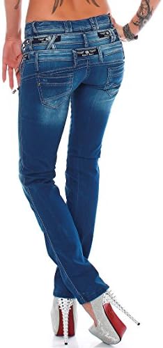 Cipo & Baxx Damen Jeans - Slim Fit & Used Look | Modische Kontrastnähte & Mehrtaschen | Bequeme Stretch-Jeans