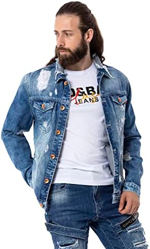 Cipo & Baxx Herren Jeansjacke – Klassisch, Leder, Sport – Knopf und Reißverschluss – Sweat-Kapuze und Sweatärmeln – Mode