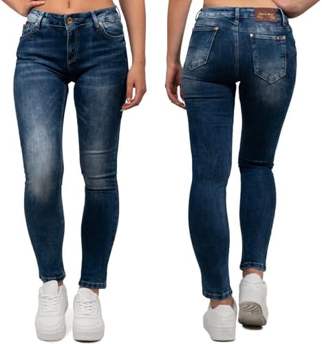 Cipo & Baxx Damen Jeans - Slim Fit & Used Look | Modische Kontrastnähte & Mehrtaschen | Bequeme Stretch-Jeans