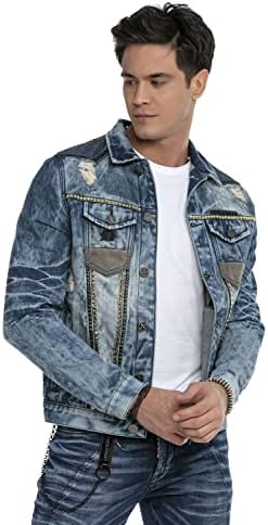 Cipo & Baxx Herren Jeansjacke – Klassisch, Leder, Sport – Knopf und Reißverschluss – Sweat-Kapuze und Sweatärmeln – Mode