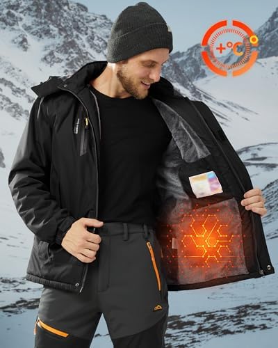 KEFITEVD Wasserabweisende Skijacke für HerrenWinter Outdoorjacke mit Abnehmbarer Kapuze und Warmem Gefüttertem Fleece |