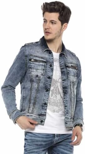 Cipo & Baxx Herren Jeansjacke – Klassisch, Leder, Sport – Knopf und Reißverschluss – Sweat-Kapuze und Sweatärmeln – Mode