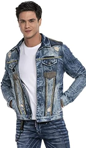 Cipo & Baxx Herren Jeansjacke – Klassisch, Leder, Sport – Knopf und Reißverschluss – Sweat-Kapuze und Sweatärmeln – Mode