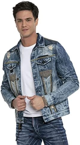 Cipo & Baxx Herren Jeansjacke – Klassisch, Leder, Sport – Knopf und Reißverschluss – Sweat-Kapuze und Sweatärmeln – Mode