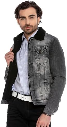 Cipo & Baxx Herren Jeansjacke – Klassisch, Leder, Sport – Knopf und Reißverschluss – Sweat-Kapuze und Sweatärmeln – Mode