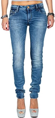 Cipo & Baxx Damen Jeans - Slim Fit & Used Look | Modische Kontrastnähte & Mehrtaschen | Bequeme Stretch-Jeans