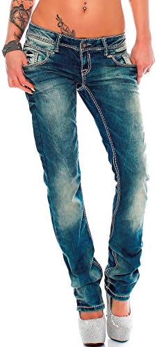 Cipo & Baxx Damen Jeans - Slim Fit & Used Look | Modische Kontrastnähte & Mehrtaschen | Bequeme Stretch-Jeans