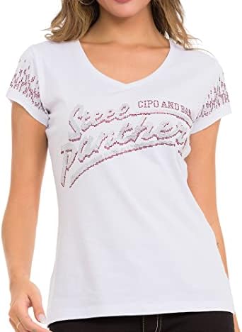 Cipo & Baxx Damen T-Shirt Print Strasssteine Baumwolle Rundhals
