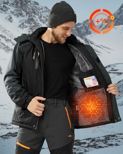 KEFITEVD Wasserabweisende Skijacke für HerrenWinter Outdoorjacke mit Abnehmbarer Kapuze und Warmem Gefüttertem Fleece |