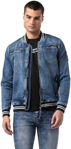 Cipo & Baxx Herren Jeansjacke – Klassisch, Leder, Sport – Knopf und Reißverschluss – Sweat-Kapuze und Sweatärmeln – Mode