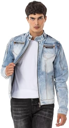 Cipo & Baxx Herren Jeansjacke – Klassisch, Leder, Sport – Knopf und Reißverschluss – Sweat-Kapuze und Sweatärmeln – Mode