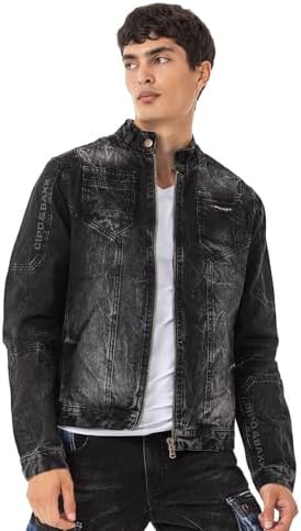 Cipo & Baxx Herren Jeansjacke – Klassisch, Leder, Sport – Knopf und Reißverschluss – Sweat-Kapuze und Sweatärmeln – Mode