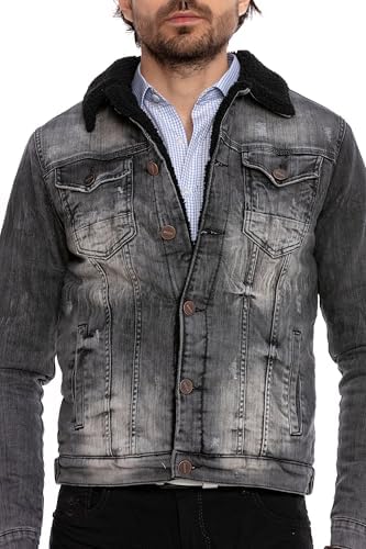 Cipo & Baxx Herren Jeansjacke – Klassisch, Leder, Sport – Knopf und Reißverschluss – Sweat-Kapuze und Sweatärmeln – Mode