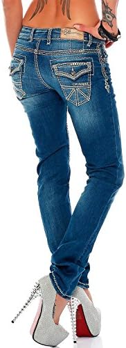 Cipo & Baxx Damen Jeans - Slim Fit & Used Look | Modische Kontrastnähte & Mehrtaschen | Bequeme Stretch-Jeans