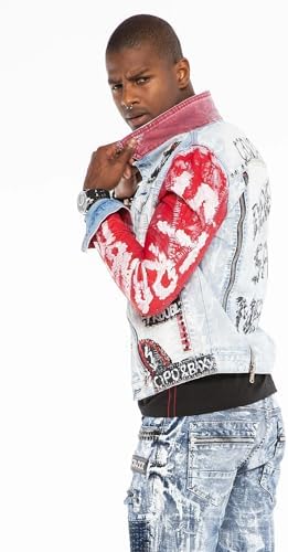 Cipo & Baxx Herren Jeansjacke – Klassisch, Leder, Sport – Knopf und Reißverschluss – Sweat-Kapuze und Sweatärmeln – Mode