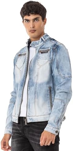Cipo & Baxx Herren Jeansjacke – Klassisch, Leder, Sport – Knopf und Reißverschluss – Sweat-Kapuze und Sweatärmeln – Mode