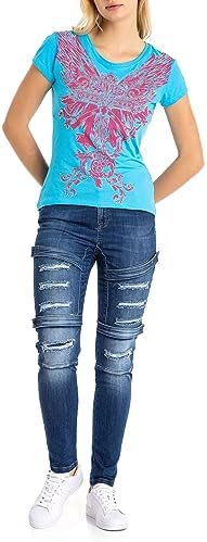 Cipo & Baxx Damen T-Shirt Print Strasssteine Baumwolle Rundhals