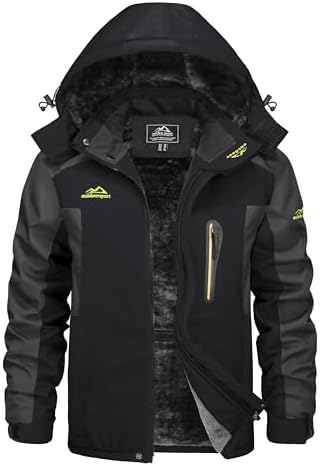 KEFITEVD Wasserabweisende Skijacke für HerrenWinter Outdoorjacke mit Abnehmbarer Kapuze und Warmem Gefüttertem Fleece |