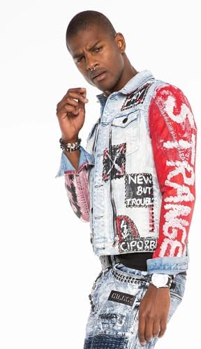 Cipo & Baxx Herren Jeansjacke – Klassisch, Leder, Sport – Knopf und Reißverschluss – Sweat-Kapuze und Sweatärmeln – Mode
