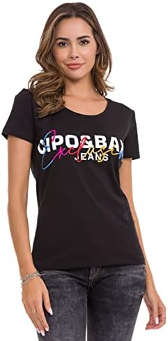 Cipo & Baxx Damen T-Shirt Print Strasssteine Baumwolle Rundhals