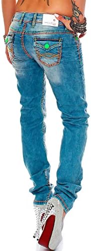 Cipo & Baxx Damen Jeans - Slim Fit & Used Look | Modische Kontrastnähte & Mehrtaschen | Bequeme Stretch-Jeans