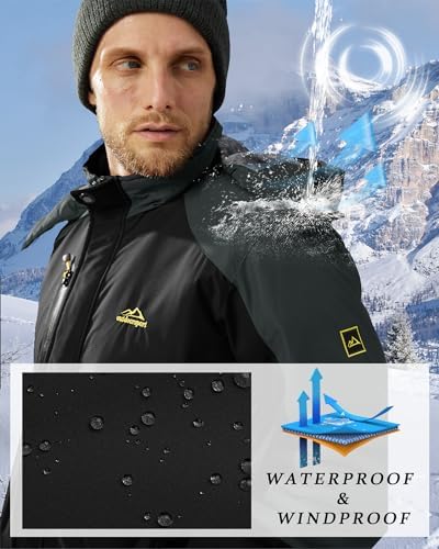 KEFITEVD Wasserabweisende Skijacke für HerrenWinter Outdoorjacke mit Abnehmbarer Kapuze und Warmem Gefüttertem Fleece |