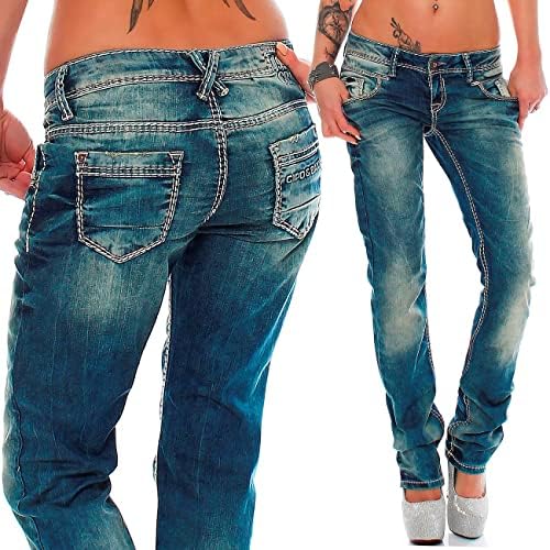 Cipo & Baxx Damen Jeans - Slim Fit & Used Look | Modische Kontrastnähte & Mehrtaschen | Bequeme Stretch-Jeans