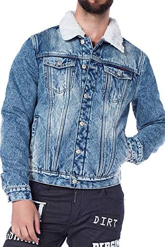 Cipo & Baxx Herren Jeansjacke – Klassisch, Leder, Sport – Knopf und Reißverschluss – Sweat-Kapuze und Sweatärmeln – Mode