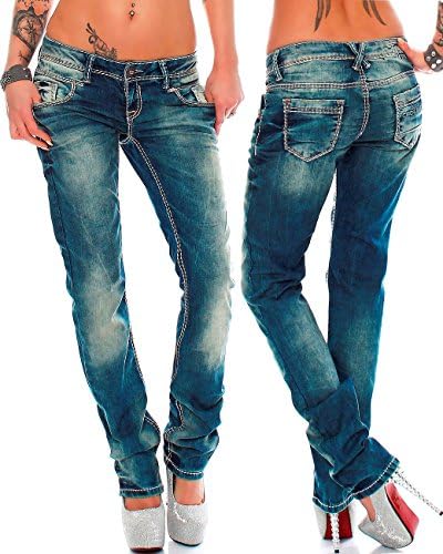 Cipo & Baxx Damen Jeans - Slim Fit & Used Look | Modische Kontrastnähte & Mehrtaschen | Bequeme Stretch-Jeans