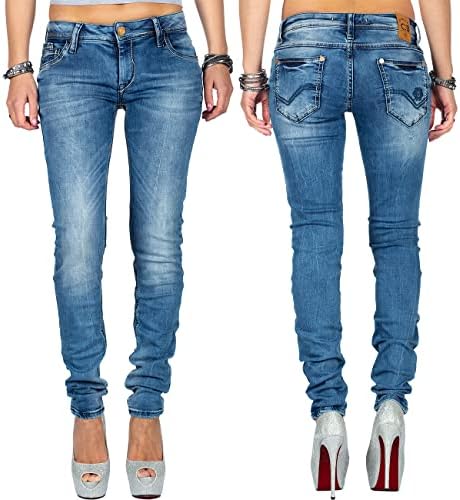 Cipo & Baxx Damen Jeans - Slim Fit & Used Look | Modische Kontrastnähte & Mehrtaschen | Bequeme Stretch-Jeans