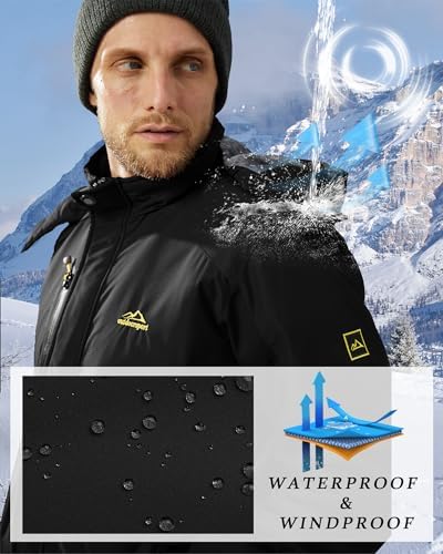 KEFITEVD Wasserabweisende Skijacke für HerrenWinter Outdoorjacke mit Abnehmbarer Kapuze und Warmem Gefüttertem Fleece |