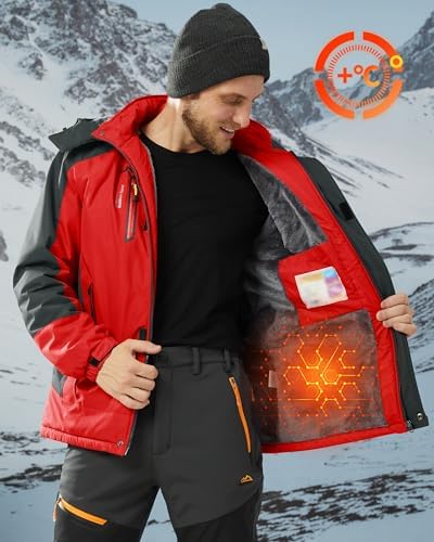 KEFITEVD Wasserabweisende Skijacke für HerrenWinter Outdoorjacke mit Abnehmbarer Kapuze und Warmem Gefüttertem Fleece |