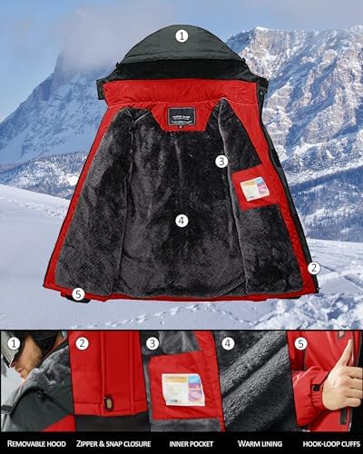 KEFITEVD Wasserabweisende Skijacke für HerrenWinter Outdoorjacke mit Abnehmbarer Kapuze und Warmem Gefüttertem Fleece |