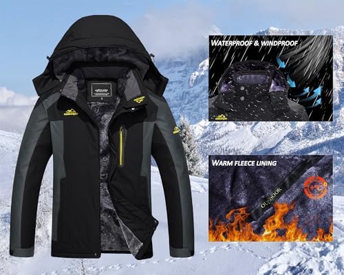 KEFITEVD Wasserabweisende Skijacke für HerrenWinter Outdoorjacke mit Abnehmbarer Kapuze und Warmem Gefüttertem Fleece |