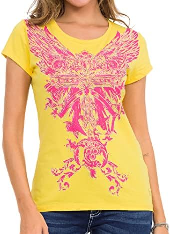 Cipo & Baxx Damen T-Shirt Print Strasssteine Baumwolle Rundhals
