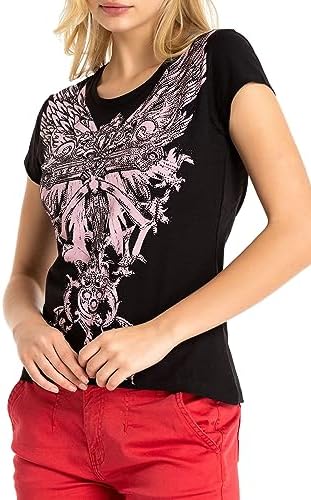 Cipo & Baxx Damen T-Shirt Print Strasssteine Baumwolle Rundhals