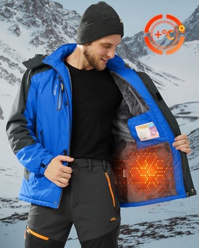 KEFITEVD Wasserabweisende Skijacke für HerrenWinter Outdoorjacke mit Abnehmbarer Kapuze und Warmem Gefüttertem Fleece |
