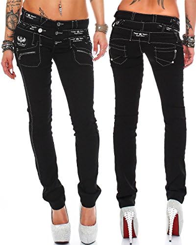 Cipo & Baxx Damen Jeans - Slim Fit & Used Look | Modische Kontrastnähte & Mehrtaschen | Bequeme Stretch-Jeans