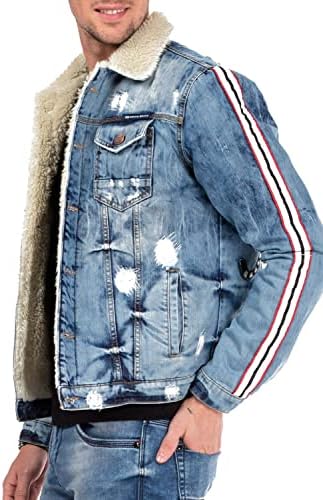 Cipo & Baxx Herren Jeansjacke – Klassisch, Leder, Sport – Knopf und Reißverschluss – Sweat-Kapuze und Sweatärmeln – Mode