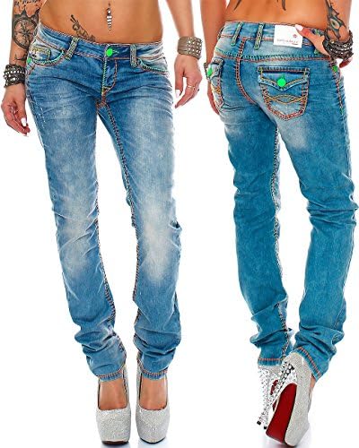 Cipo & Baxx Damen Jeans - Slim Fit & Used Look | Modische Kontrastnähte & Mehrtaschen | Bequeme Stretch-Jeans