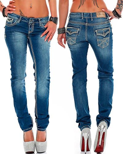 Cipo & Baxx Damen Jeans - Slim Fit & Used Look | Modische Kontrastnähte & Mehrtaschen | Bequeme Stretch-Jeans