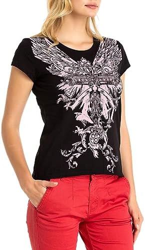 Cipo & Baxx Damen T-Shirt Print Strasssteine Baumwolle Rundhals