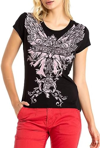Cipo & Baxx Damen T-Shirt Print Strasssteine Baumwolle Rundhals