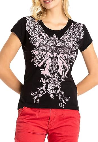 Cipo & Baxx Damen T-Shirt Print Strasssteine Baumwolle Rundhals