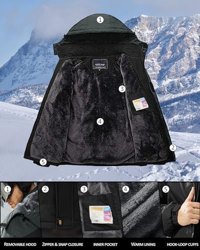 KEFITEVD Wasserabweisende Skijacke für HerrenWinter Outdoorjacke mit Abnehmbarer Kapuze und Warmem Gefüttertem Fleece |