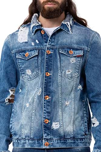 Cipo & Baxx Herren Jeansjacke – Klassisch, Leder, Sport – Knopf und Reißverschluss – Sweat-Kapuze und Sweatärmeln – Mode